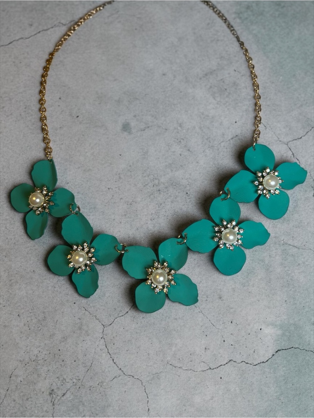 Teal Floral Statement Necklace with Faux Pearls - Women Jewelry